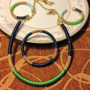 Michelle McDowell Gold Tone Metal Seth Green Navy Necklace Bracelet Earrings Set